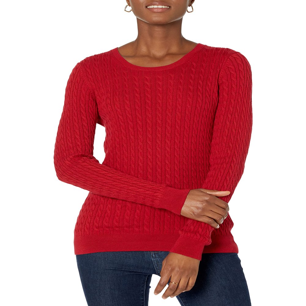 Amazon Essentials Women's Lightweight Long-Sleeve Cable Crewneck Sweater (Available in Plus Size), Red, X-Small