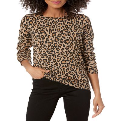 Amazon Essentials Women's Long-Sleeve Lightweight Crewneck Sweater (Available in Plus Size), Camel Cheetah, Large