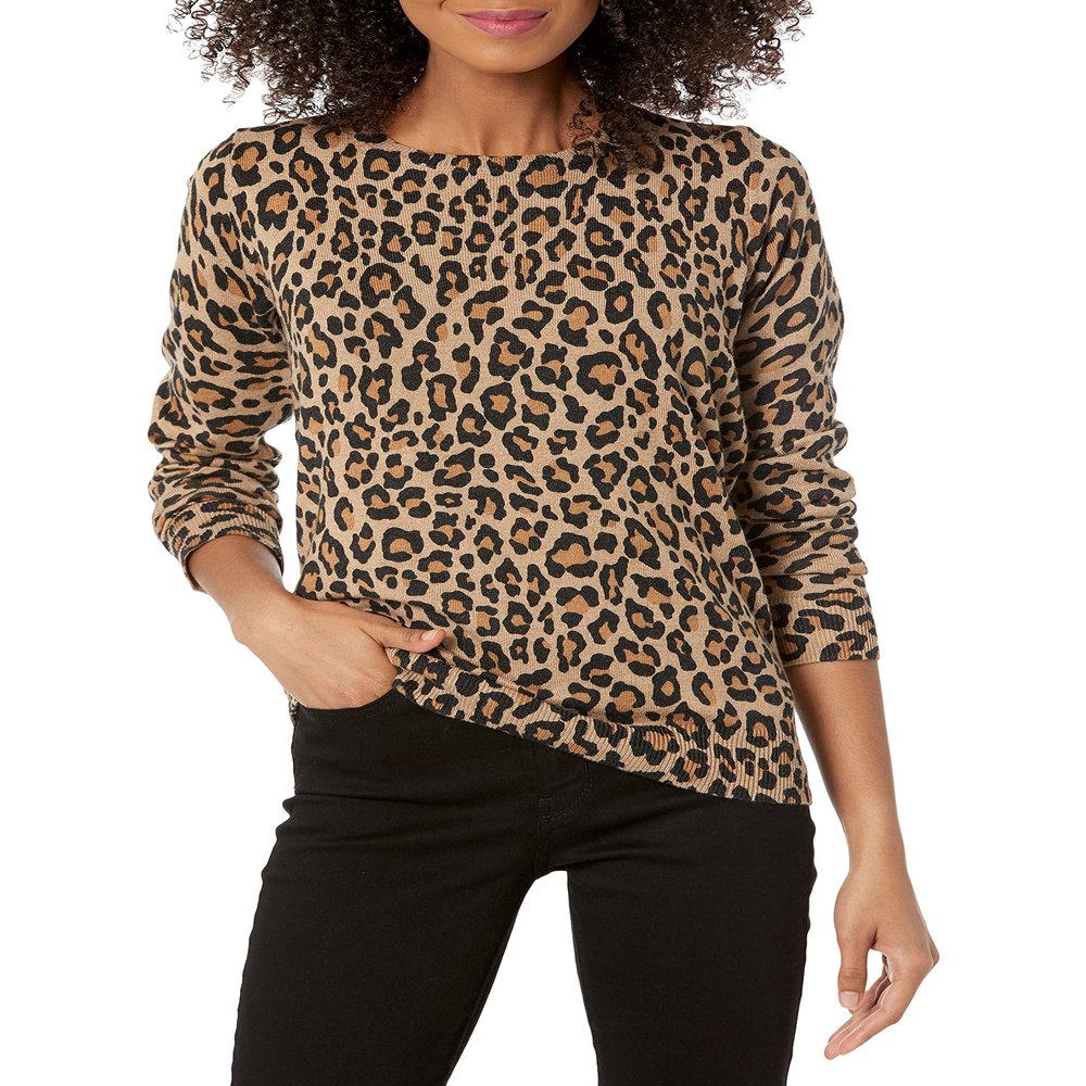 Amazon Essentials Women's Long-Sleeve Lightweight Crewneck Sweater (Available in Plus Size), Camel Cheetah, Large