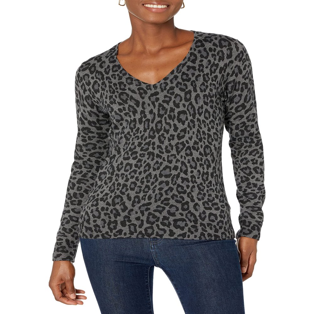 Amazon Essentials Women's Regular-Fit Lightweight Long-Sleeve V-Neck Sweater (Available in Plus Size), Grey Heather Leopard Print, X-Large
