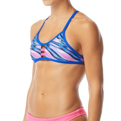TYR Womens Pacific Tieback Bikini Top Swimsuit, Pink/Blue, Large US