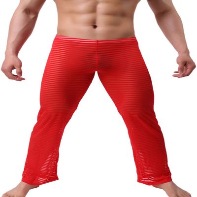 KAMUON Mens Summer Sexy Mesh See Thru Stretchy Lightweight Sleep Lounge Pants(Medium, Red)