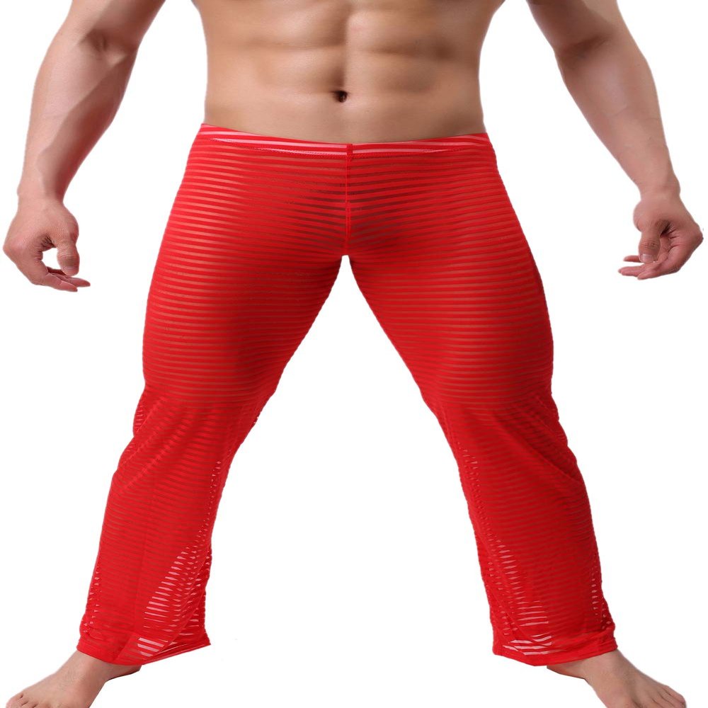 KAMUON Mens Summer Sexy Mesh See Thru Stretchy Lightweight Sleep Lounge Pants(Medium, Red)