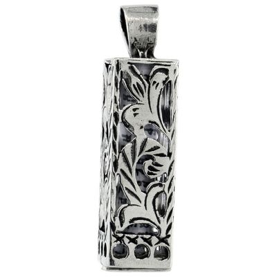 Sterling Silver Mezuzah Necklace Floral Pattern Cuboid Shape 15/16 inch 24 inch BXO_19
