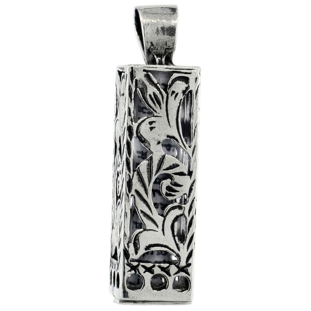 Sterling Silver Mezuzah Necklace Floral Pattern Cuboid Shape 15/16 inch 24 inch BXO_19