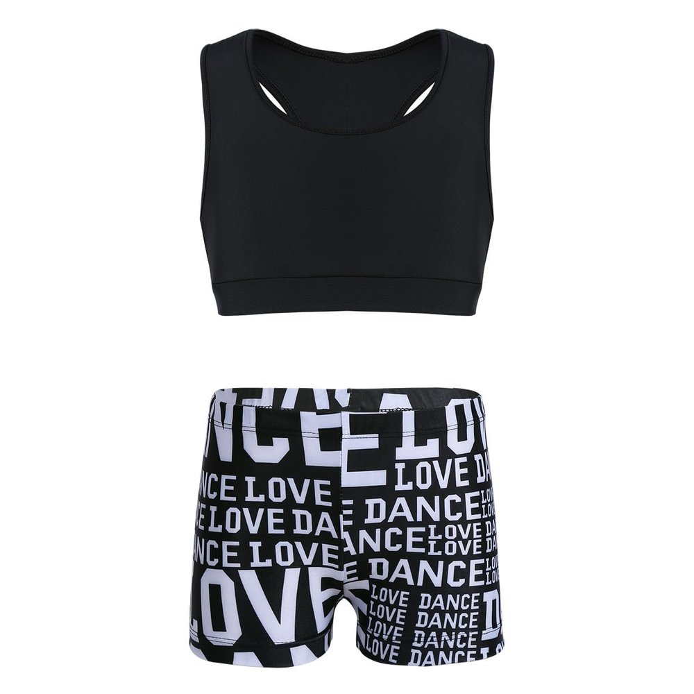 dPois Kids Girls 2 Pieces Dance Outfit Raceback Crop Tank Sport Bra and Sport Shorts Letter Printed Boyshorts Set Black 10-12
