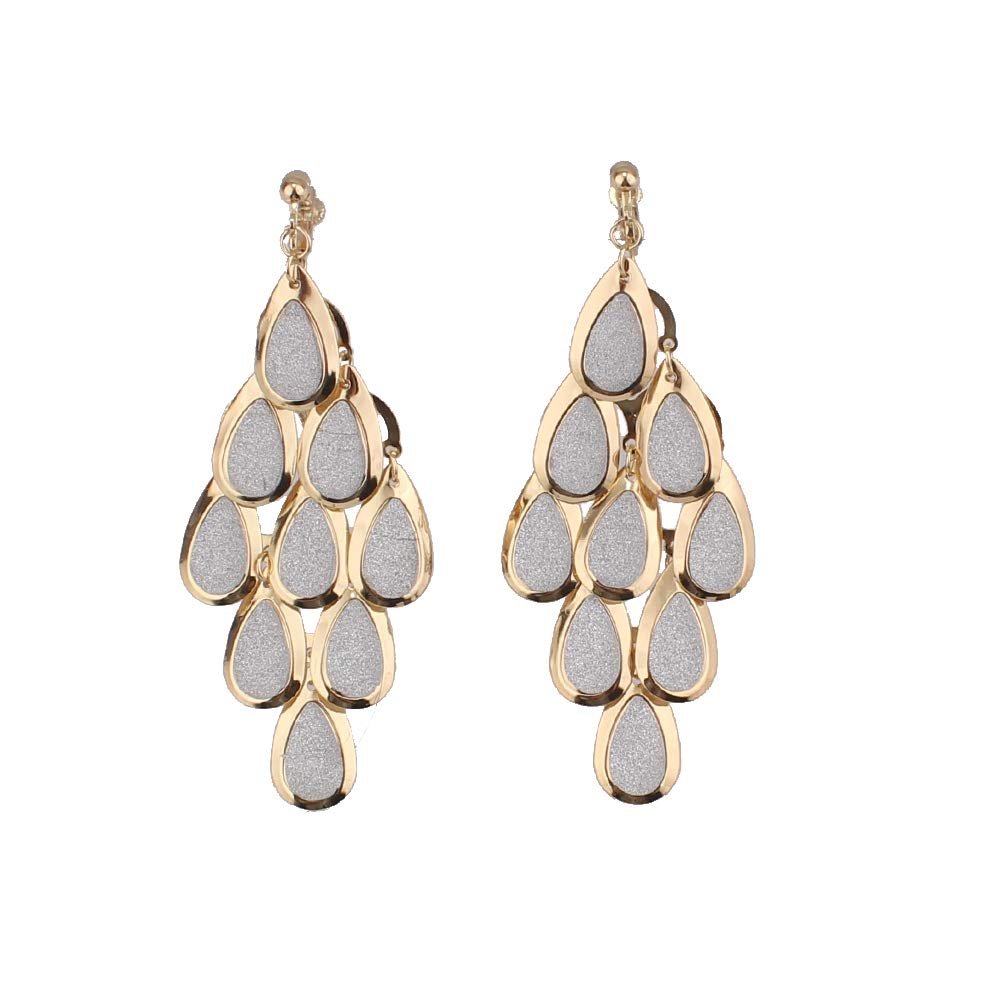 GRACE JUN Handmade Multi-layer Shiny Sequin Clip on Earrings No Pierced and Dangle Drop Earrings for Women (Gold White)
