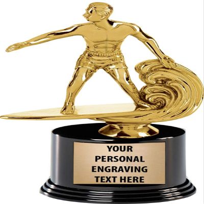 Crown Awards Surfing Trophies with Custom Engraving, 7.25" Personalized Male Surfer Trophy On Deluxe Round Base 50 Pack