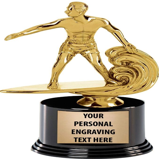 Crown Awards Surfing Trophies with Custom Engraving, 7.25" Personalized Male Surfer Trophy On Deluxe Round Base 50 Pack