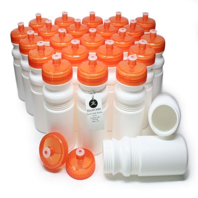 Rolling Sands Reusable Bulk Water Bottles 24 Pack - 20 Oz Sports Water Bottles, USA Made, BPA-Free, Wide Mouth for Easy Cleaning, Dishwasher Safe, Break Resistant - White Bottle/Orange Lid