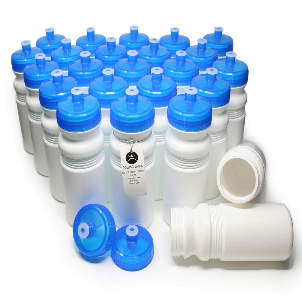 Rolling Sands Reusable Bulk Water Bottles 24 Pack - 20 Oz Sports Water Bottles, USA Made, BPA-Free, Wide Mouth for Easy Cleaning, Dishwasher Safe, Break Resistant - White Bottle/Blue Lid