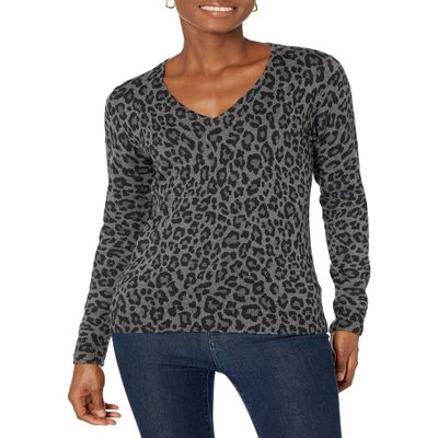 Amazon Essentials Women's Regular-Fit Lightweight Long-Sleeve V-Neck Sweater (Available in Plus Size), Grey Heather Leopard Print, X-Small