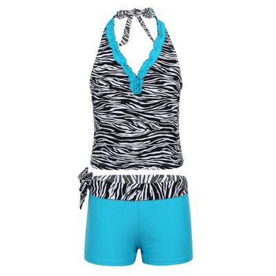YiZYiF Big Girl's Youth Tie-Dye Swimwear Tankini Halter 2 Pieces Bathing Suit (8, Zebra Blue)