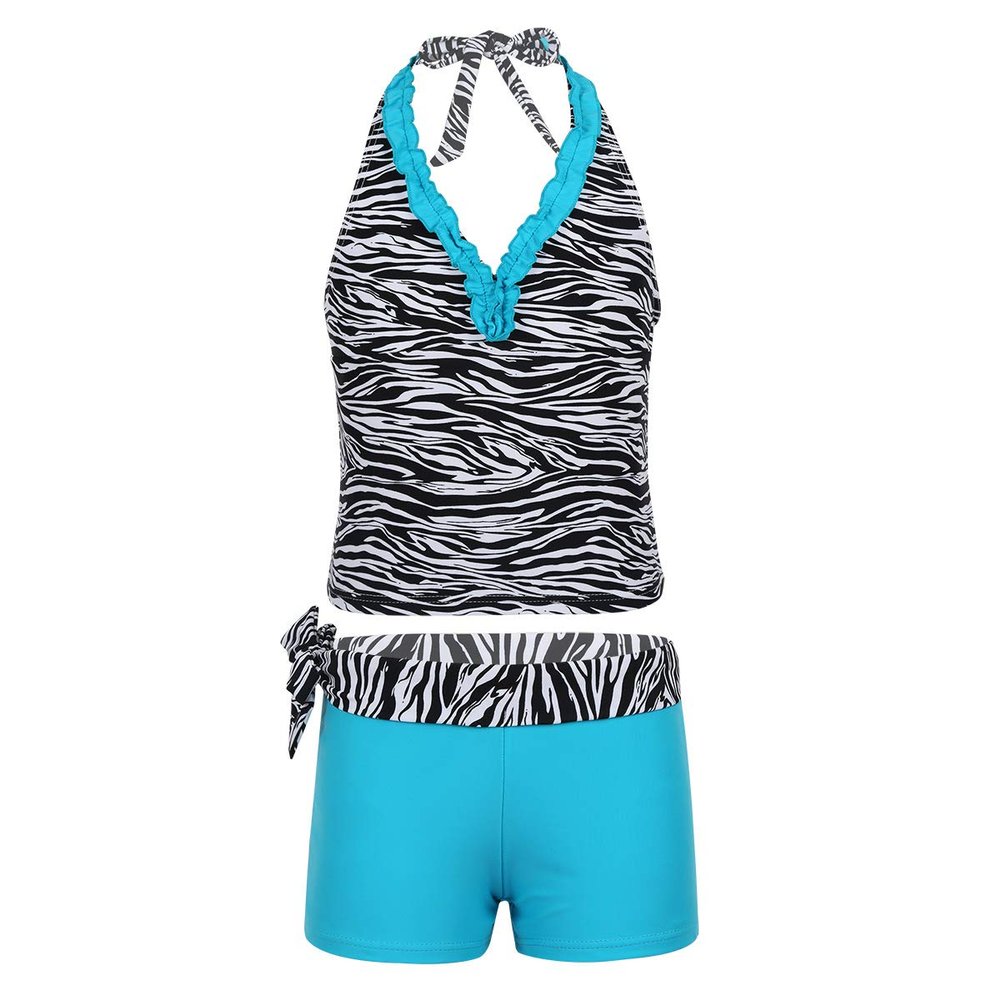 YiZYiF Big Girl's Youth Tie-Dye Swimwear Tankini Halter 2 Pieces Bathing Suit (8, Zebra Blue)
