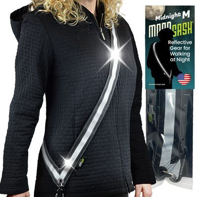 MOONSASH Fitted Reflective Gear for Walking at Night - Midnight Black MED | Running, Biking, Dog | Reversible & Comfortable Reflective Sash for Women & Men | US Patented | Stylish Vest Replacement!