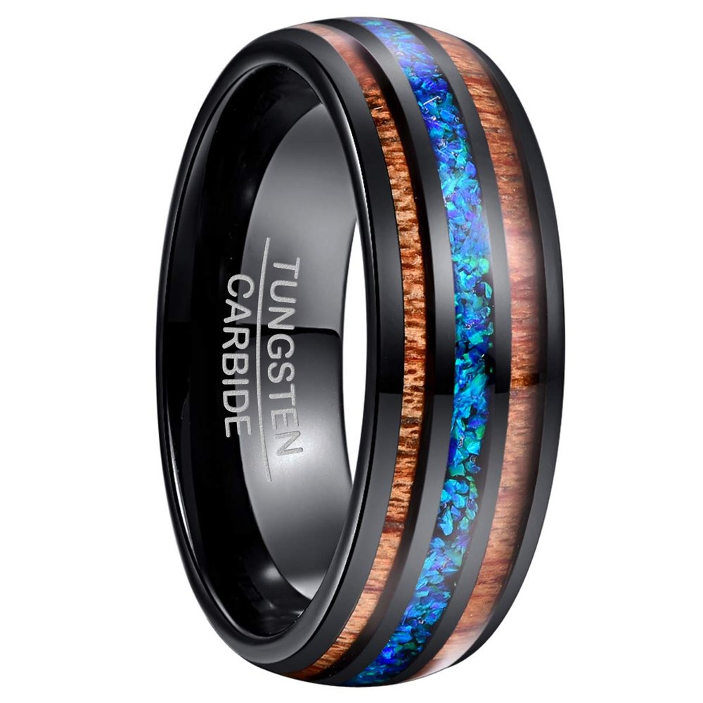 NUNCAD Men's 8mm Tungsten Wood Ring Tungsten Carbide Ring Koa Wood Wedding Engagement Ring Band Size 8