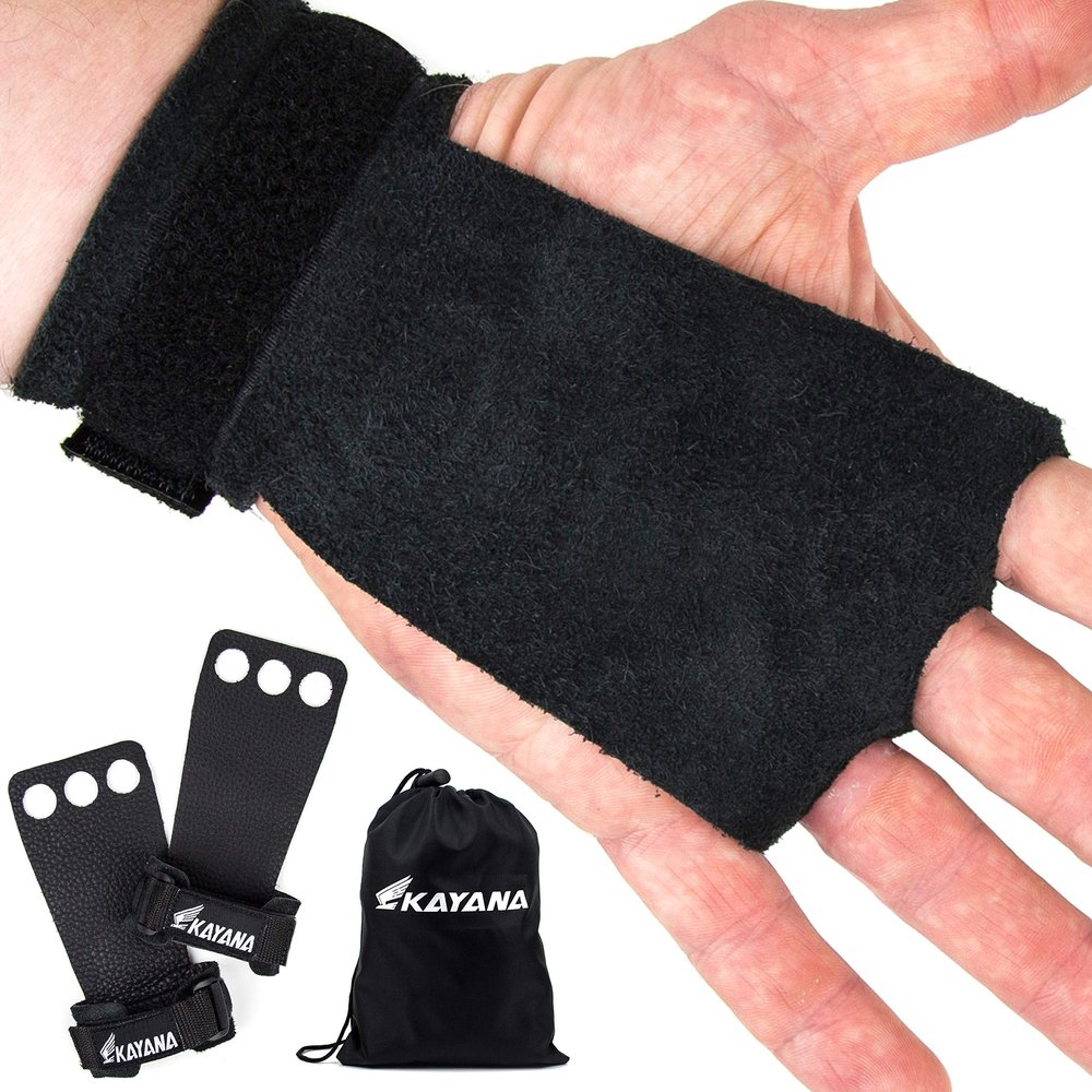 KAYANA 3 Hole Leather Gymnastics Hand Grips - Palm Protection and Wrist Support for Cross Training, Kettlebells, Pull ups, Weightlifting, Chin ups, Workout, & Exercise (Black, X-Small)