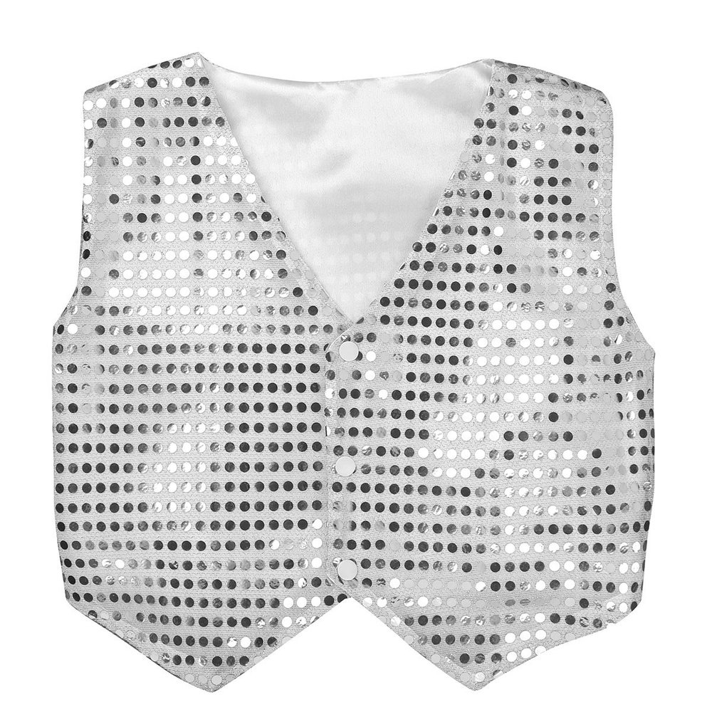 FEESHOW Kids Big Boys Shiny Sequined Shirt Vest Waistcoat Jacket for Wedding Prom Dance Performance Costume Silver Vest 7-8