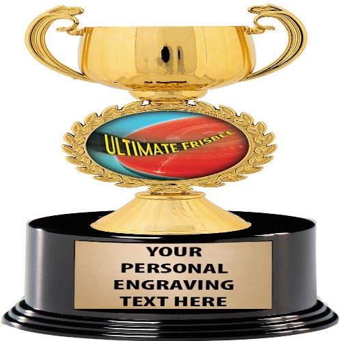 Crown Awards Frisbee Trophies with Custom Engraving, 7.25" Personalized Gold Ultimate Frisbee Trophy On Deluxe Round Base 50 Pack Prime