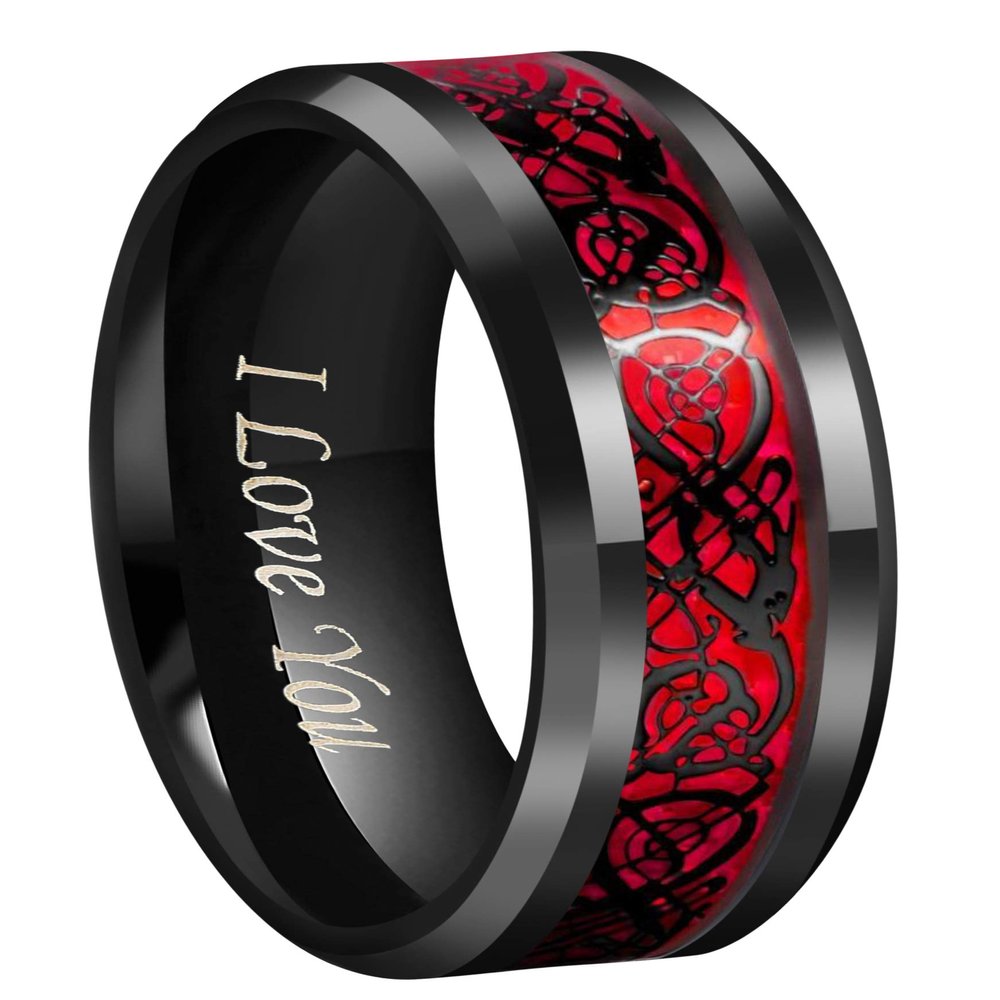 CROWNAL Black Dragon Men Tungsten Carbide Ring Wedding Band 8mm Red Carbon Fiber Black Celtic Dragon Inlay Engraved I Love You Size 7 To 17