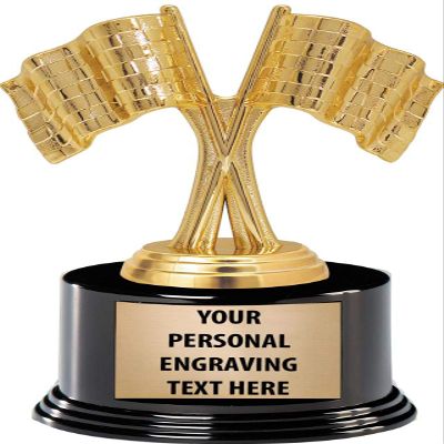 Crossed Flags Trophies with Custom Engraving, 6.75" Personalized Checkered Race Flags Trophy On Deluxe Round Base 10 Pack