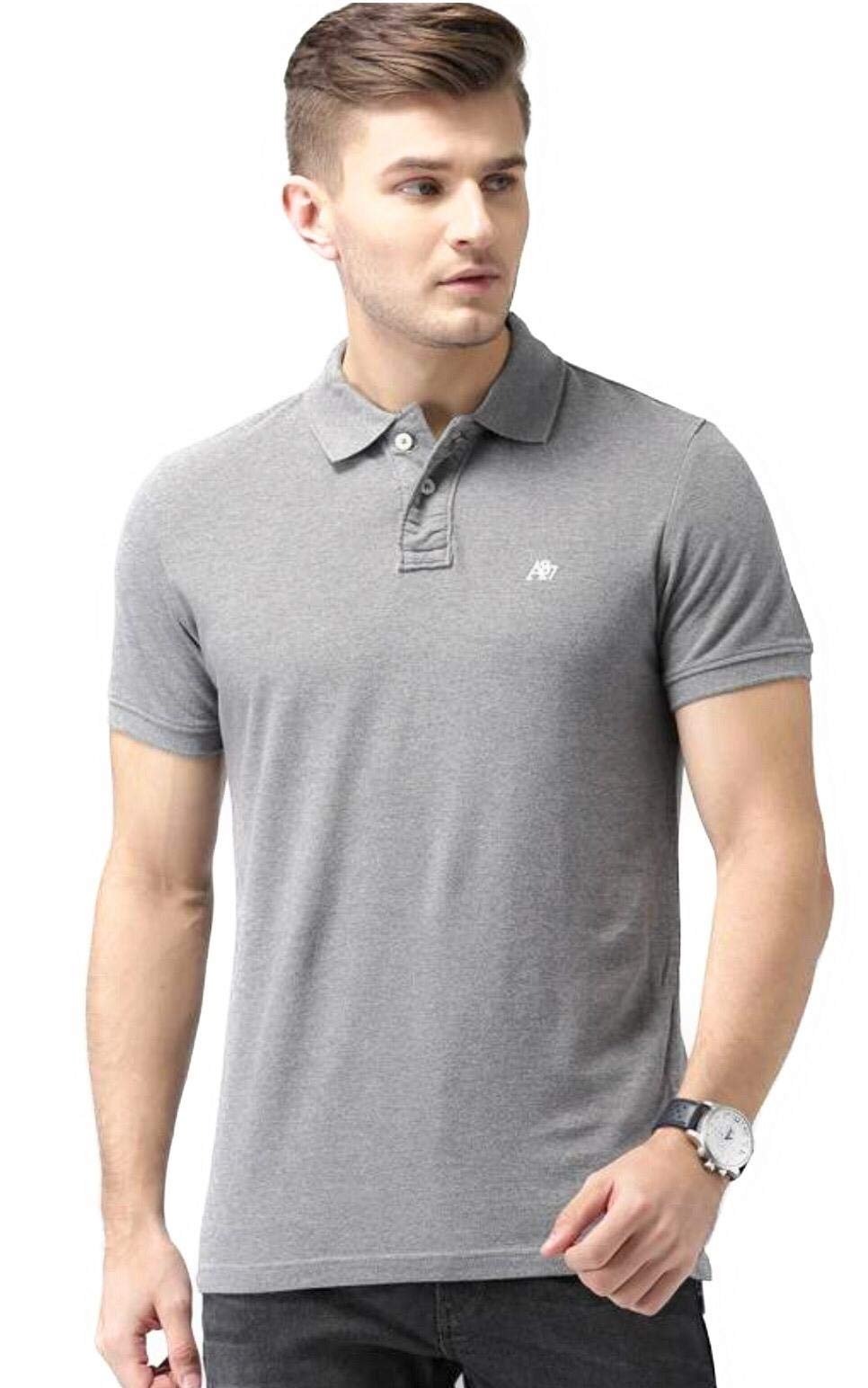 AEROPOSTALE Men's Solid Uniform Logo Rugby Polo Shirt (Large, Heather Grey 053)