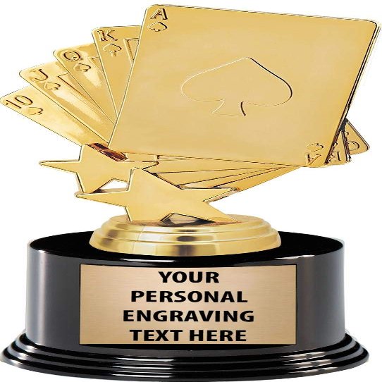 Poker Trophies with Custom Engraving, 7.25" Personalized Royal Flush Poker Playing Cards Trophy On Deluxe Round Base 50 Pack
