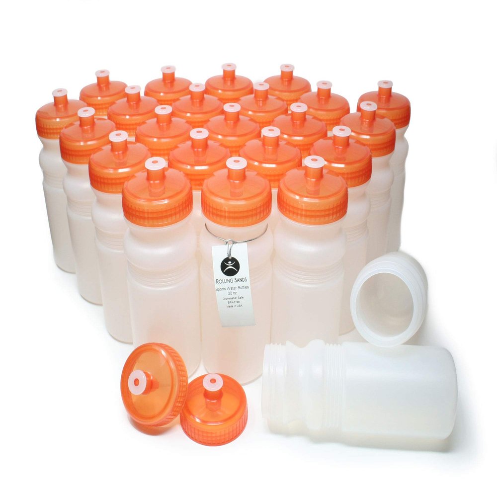 Rolling Sands Reusable Bulk Water Bottles 24 Pack - 20 Oz Sports Water Bottles, USA Made, BPA-Free, Wide Mouth for Easy Cleaning, Dishwasher Safe, Break Resistant - Clear Frost Bottle/Orange Lid
