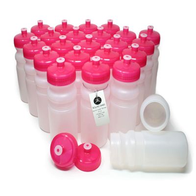 Rolling Sands Reusable Bulk Water Bottles 24 Pack - 20 Oz Sports Water Bottles, USA Made, BPA-Free, Wide Mouth for Easy Cleaning, Dishwasher Safe, Break Resistant - Clear Frost Bottle/Pink Lid