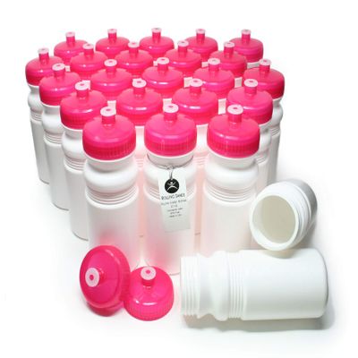 Rolling Sands Reusable Bulk Water Bottles 24 Pack - 20 Oz Sports Water Bottles, USA Made, BPA-Free, Wide Mouth for Easy Cleaning, Dishwasher Safe, Break Resistant - White Bottle/Pink Lid