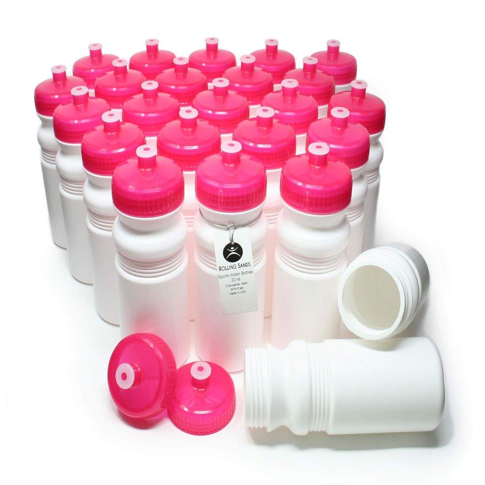 Rolling Sands Reusable Bulk Water Bottles 24 Pack - 20 Oz Sports Water Bottles, USA Made, BPA-Free, Wide Mouth for Easy Cleaning, Dishwasher Safe, Break Resistant - White Bottle/Pink Lid