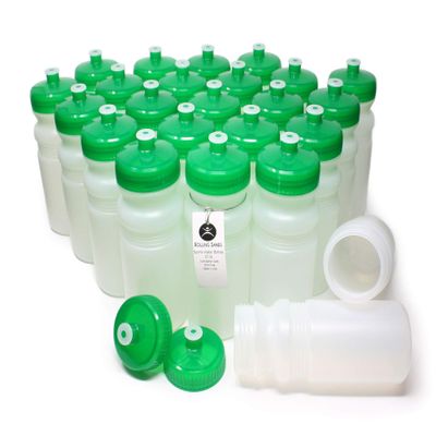 Rolling Sands Reusable Bulk Water Bottles 24 Pack - 20 Oz Sports Water Bottles, USA Made, BPA-Free, Wide Mouth for Easy Cleaning, Dishwasher Safe, Break Resistant - Clear Frost Bottle/Green Lid