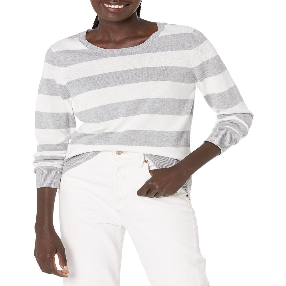Amazon Essentials Women's Long-Sleeve Lightweight Crewneck Sweater (Available in Plus Size), Light Grey Heather Stripe, Large