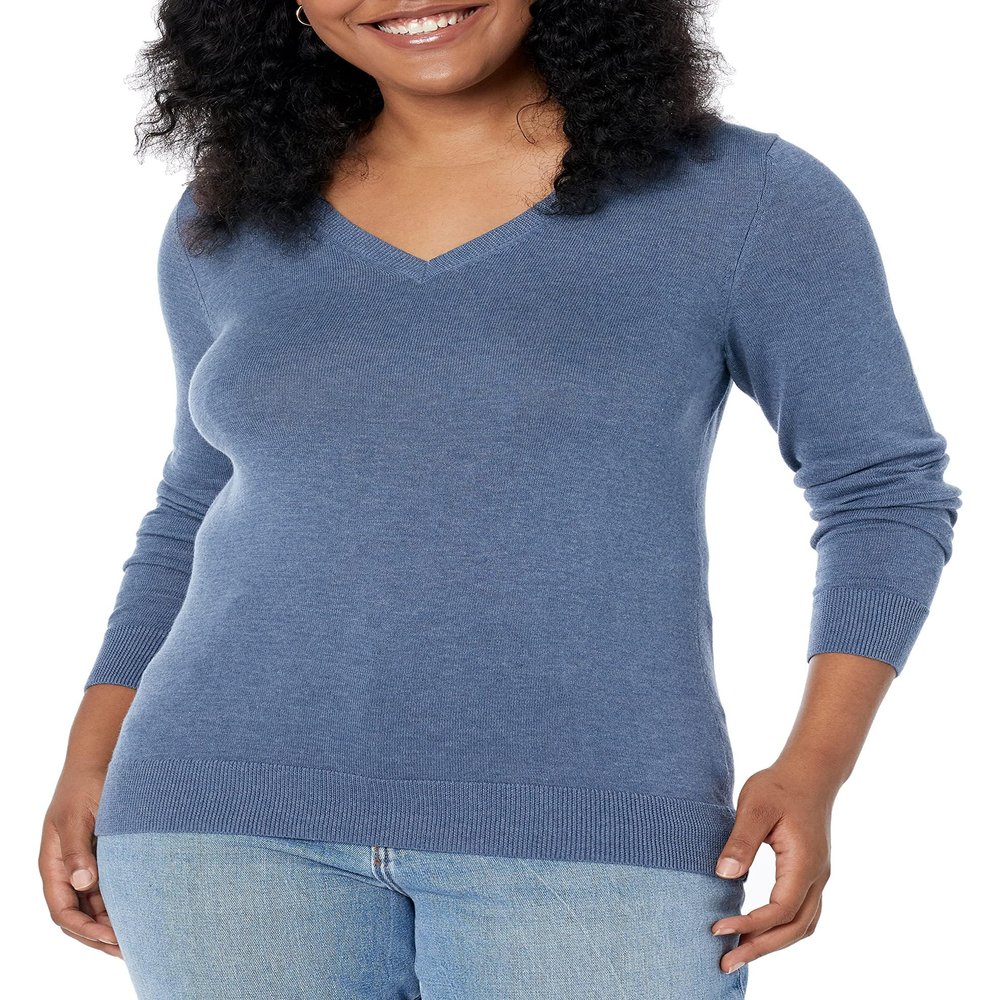 Amazon Essentials Women's Regular-Fit Lightweight Long-Sleeve V-Neck Sweater (Available in Plus Size), Blue Heather, 3X