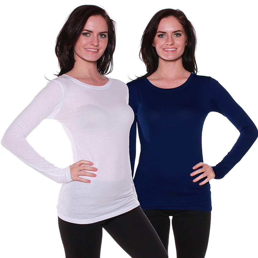 Active Basic Athletic Fitted Plain Long Sleeves Round Crew Neck T Shirt Top White, Navy