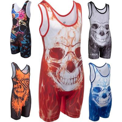 KO Sports Gear Unisex Wrestling Singlet for Adult Wrestlers - Wrestling Singlet for Men & Women - Bold Durable Uniform, Stretchy Breathable Material - Red Skull, Adult X-Small
