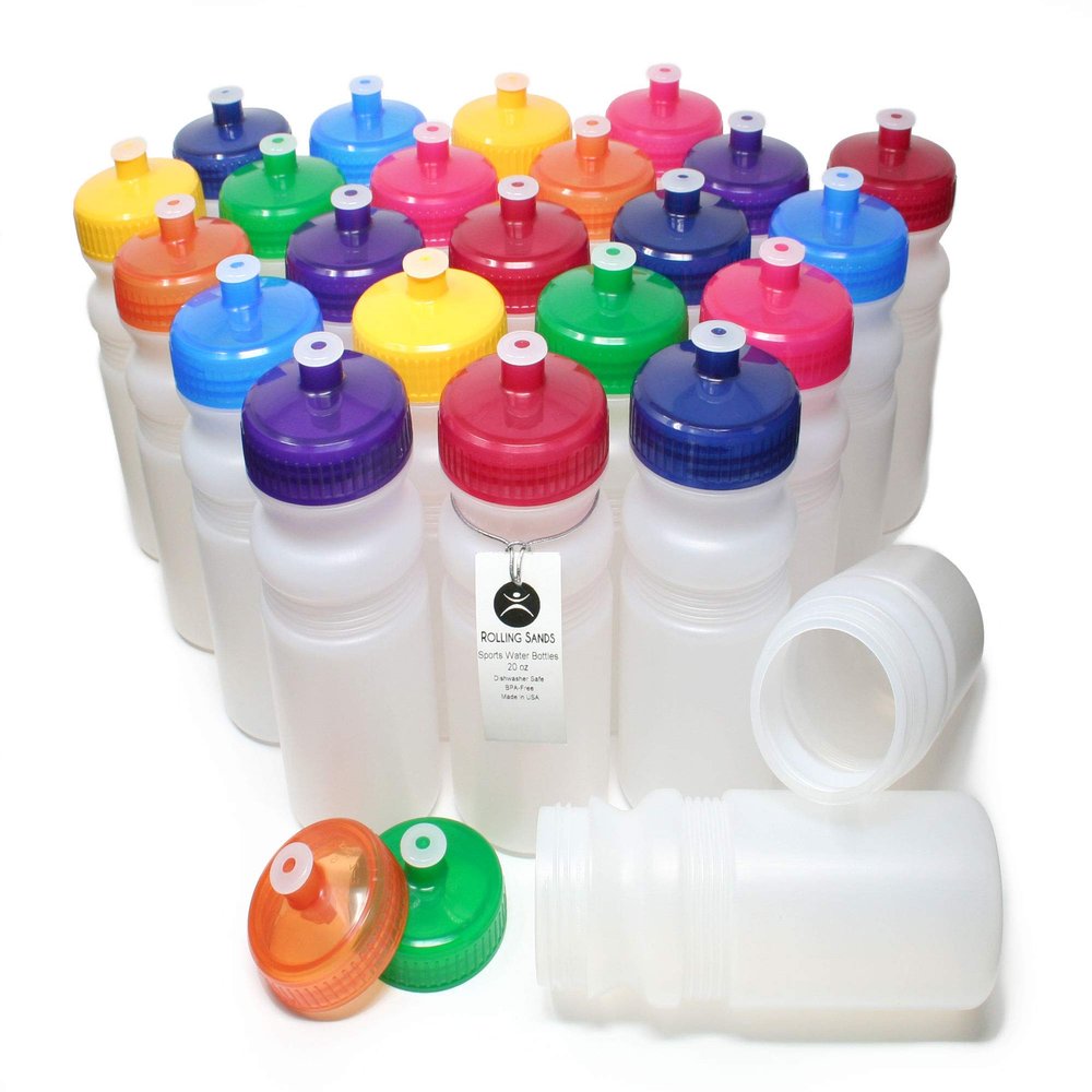 Rolling Sands Reusable Bulk Water Bottles 24 Pack - 20 Oz Sports Water Bottles, USA Made, BPA-Free, Wide Mouth for Easy Cleaning, Dishwasher Safe, Break Resistant - Clear Frost Bottle/Variety Lid