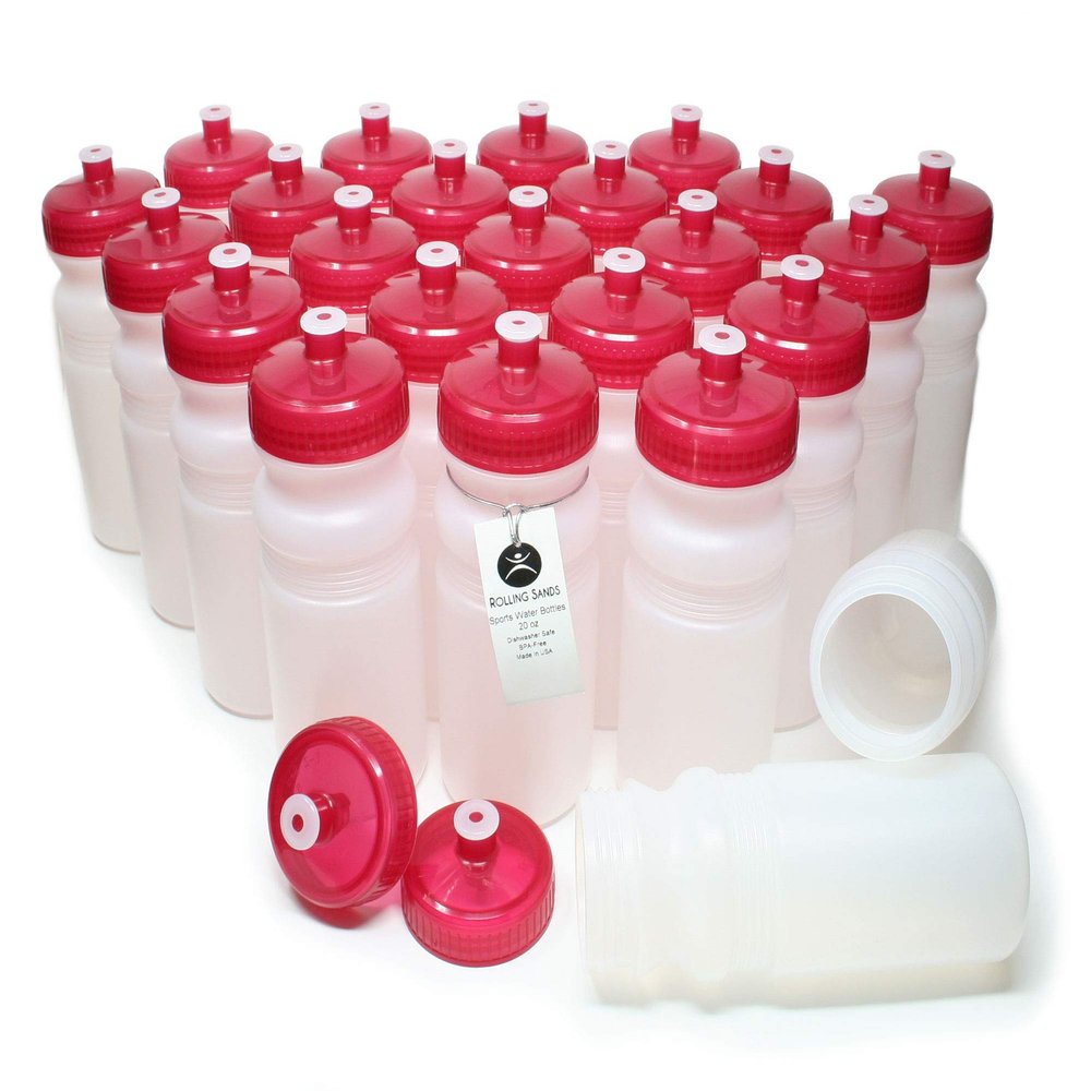 Rolling Sands Reusable Bulk Water Bottles 24 Pack - 20 Oz Sports Water Bottles, USA Made, BPA-Free, Wide Mouth for Easy Cleaning, Dishwasher Safe, Break Resistant - Clear Frost Bottle/Red Lid