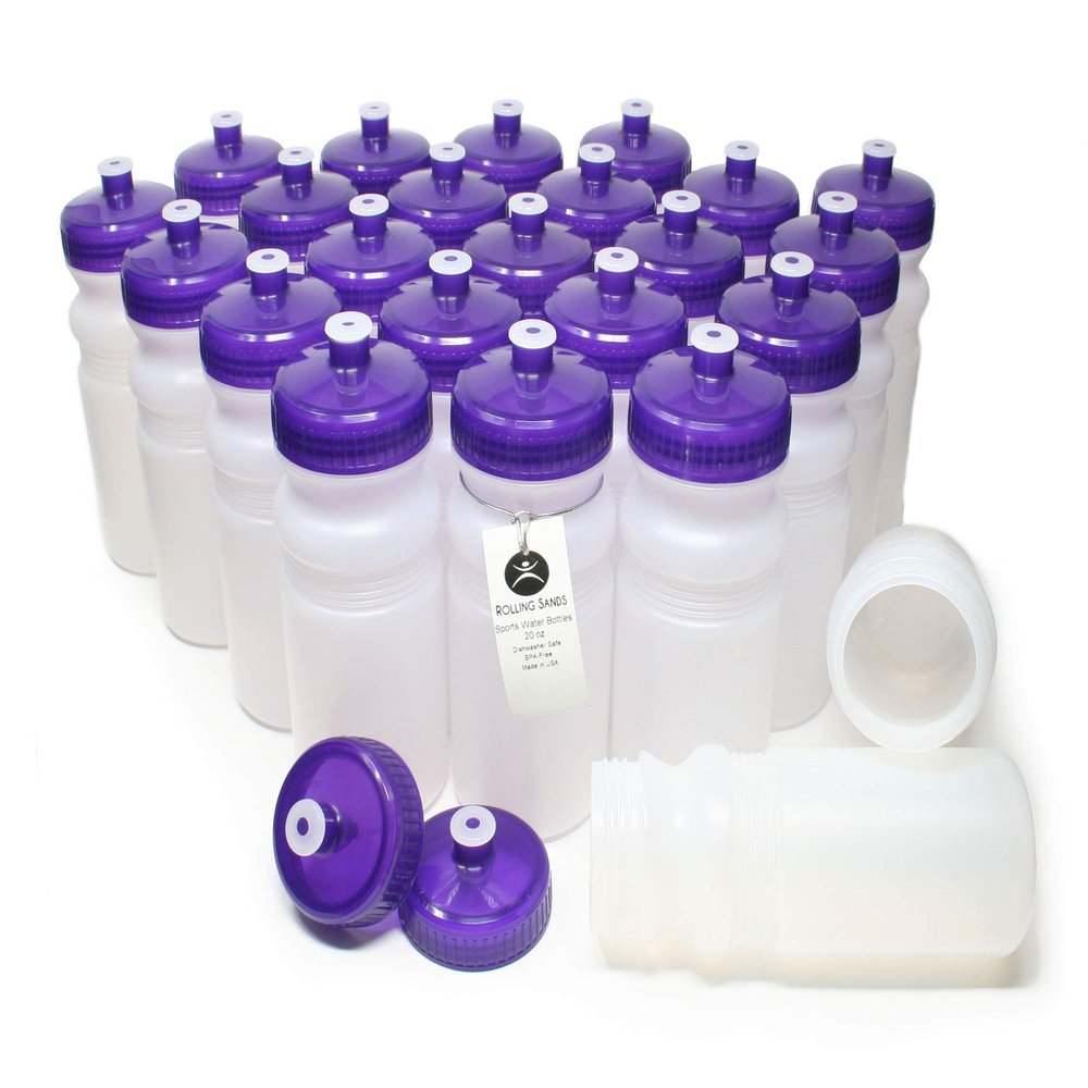 Rolling Sands Reusable Bulk Water Bottles 24 Pack - 20 Oz Sports Water Bottles, USA Made, BPA-Free, Wide Mouth for Easy Cleaning, Dishwasher Safe, Break Resistant - Clear Frost Bottle/Purple Lid
