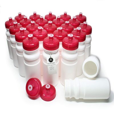 Rolling Sands Reusable Bulk Water Bottles 24 Pack - 20 Oz Sports Water Bottles, USA Made, BPA-Free, Wide Mouth for Easy Cleaning, Dishwasher Safe, Break Resistant - White Bottle/Red Lid