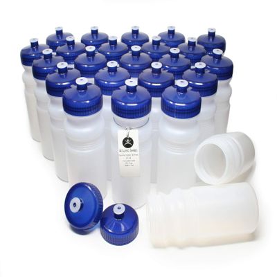 Rolling Sands Reusable Bulk Water Bottles 24 Pack - 20 Oz Sports Water Bottles, USA Made, BPA-Free, Wide Mouth for Easy Cleaning, Dishwasher Safe, Break Resistant - Clear Frost Bottle/Navy Lid