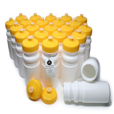 Rolling Sands Reusable Bulk Water Bottles 24 Pack - 20 Oz Sports Water Bottles, USA Made, BPA-Free, Wide Mouth for Easy Cleaning, Dishwasher Safe, Break Resistant - White Bottle/Yellow Lid