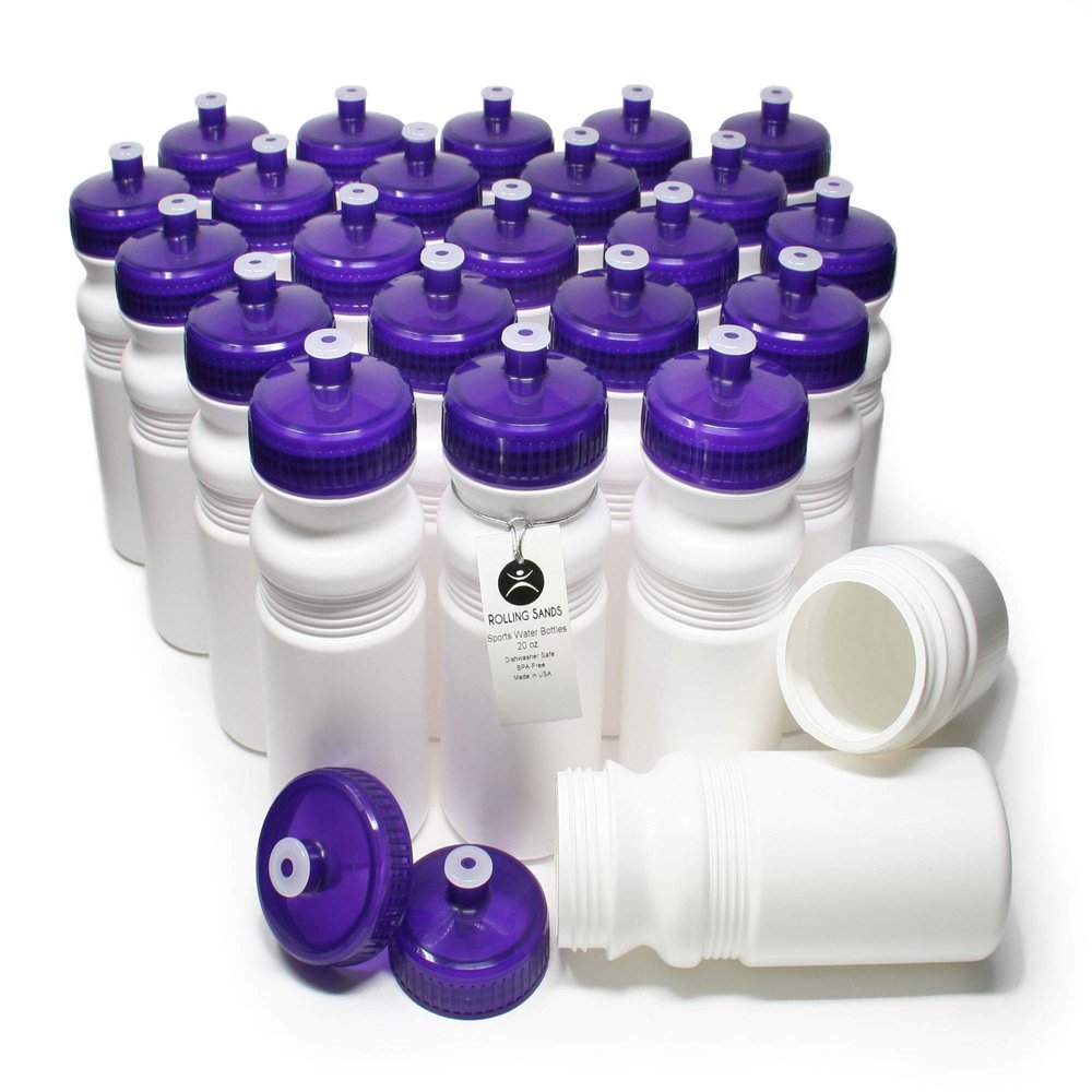 Rolling Sands Reusable Bulk Water Bottles 24 Pack - 20 Oz Sports Water Bottles, USA Made, BPA-Free, Wide Mouth for Easy Cleaning, Dishwasher Safe, Break Resistant - White Bottle/Purple Lid