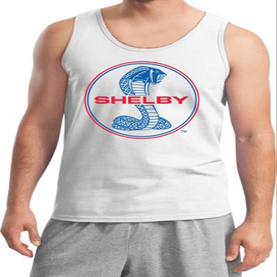 Ford Mustang Shelby Blue and Red Logo Tank Top, White XL