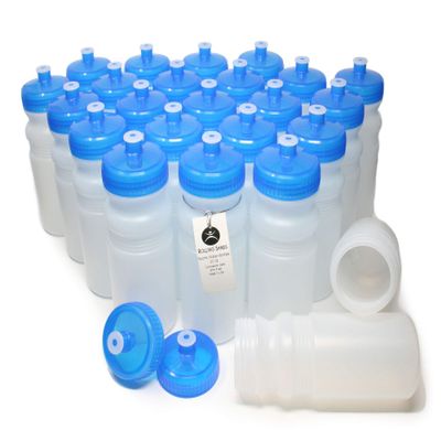 Rolling Sands Reusable Bulk Water Bottles 24 Pack - 20 Oz Sports Water Bottles, USA Made, BPA-Free, Wide Mouth for Easy Cleaning, Dishwasher Safe, Break Resistant - Clear Frost Bottle/Blue Lid
