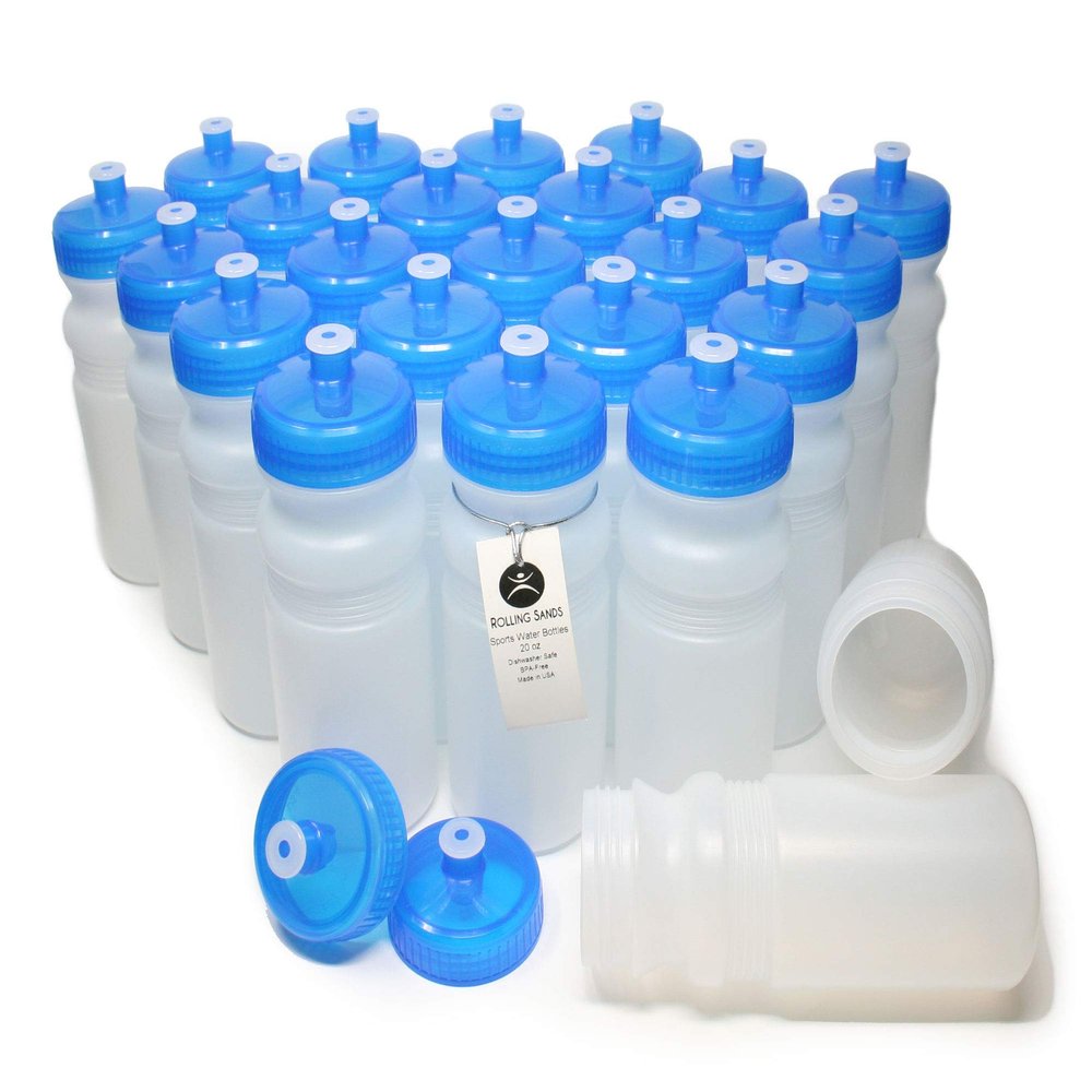 Rolling Sands Reusable Bulk Water Bottles 24 Pack - 20 Oz Sports Water Bottles, USA Made, BPA-Free, Wide Mouth for Easy Cleaning, Dishwasher Safe, Break Resistant - Clear Frost Bottle/Blue Lid