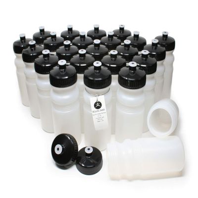 Rolling Sands Reusable Bulk Water Bottles 24 Pack - 20 Oz Sports Water Bottles, USA Made, BPA-Free, Wide Mouth for Easy Cleaning, Dishwasher Safe, Break Resistant - Clear Frost Bottle/Black Lid