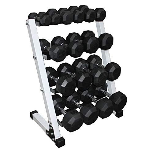 Ader Octagon Deluxe Professional Rubber Dumbbell5,10,15,20,25 LBs Set w/ 4 Tier 24" Rack