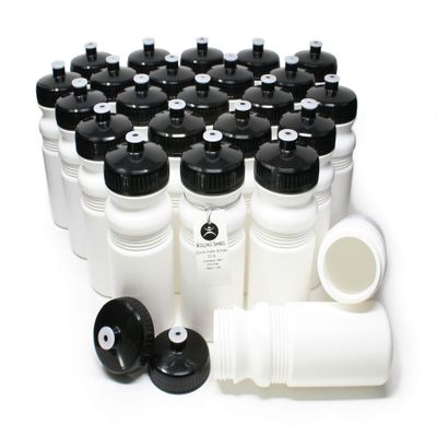 Rolling Sands Reusable Bulk Water Bottles 24 Pack - 20 Oz Sports Water Bottles, USA Made, BPA-Free, Wide Mouth for Easy Cleaning, Dishwasher Safe, Break Resistant - White Bottle/Black Lid