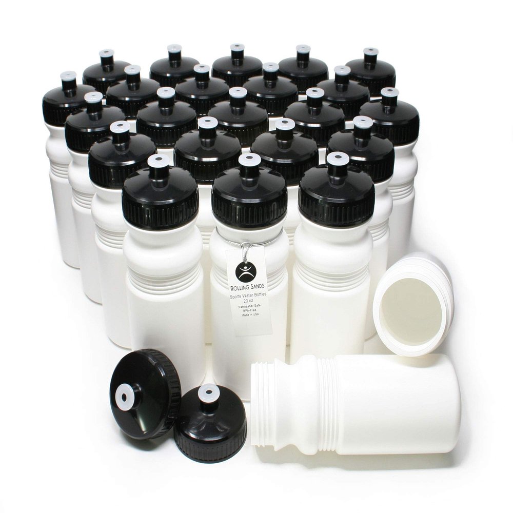 Rolling Sands Reusable Bulk Water Bottles 24 Pack - 20 Oz Sports Water Bottles, USA Made, BPA-Free, Wide Mouth for Easy Cleaning, Dishwasher Safe, Break Resistant - White Bottle/Black Lid